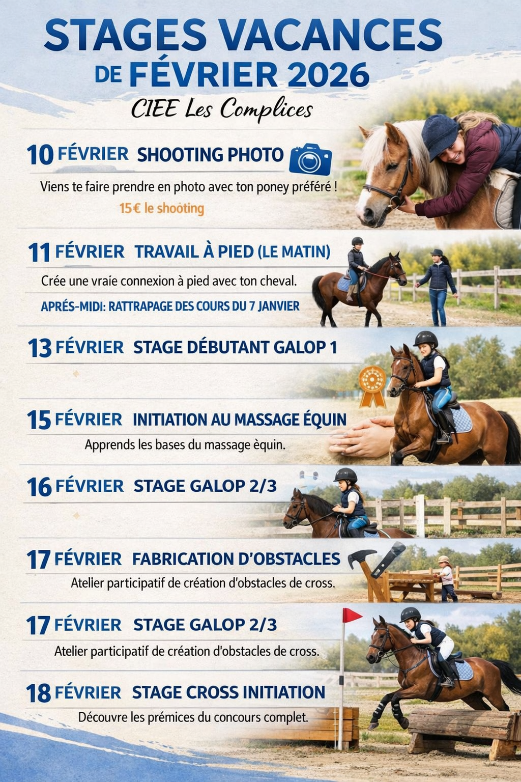 Programme des stages vacances de février 2026